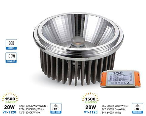 LED lámpa AR111 COB 20W  20° 12V (Reflektor) hideg fehér