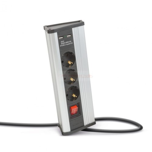 Sarokelosztó - kapcsolós - 3 x 250V, 16A - 2 x USB, 2,1A - alumínium ház