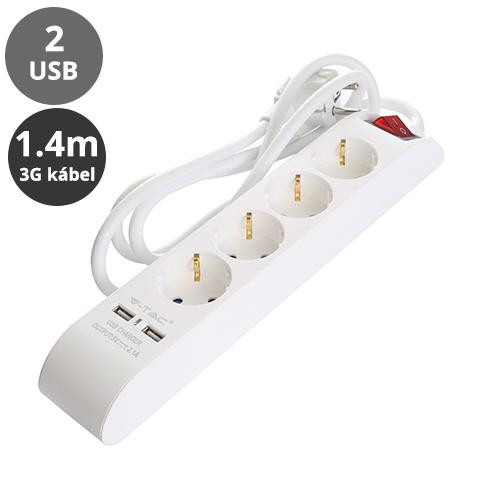 Hosszabbító 4-es elosztóval, kapcsolóval (4 földelt + 2 USB) fehér - 1.4 m vezetékkel