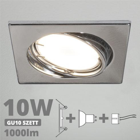 LED spot szett: króm bill. keret, négyzet + 9,5 Wattos, természetes fehér GU10 LED lámpa + GU10 csatlakozó (kettesével rendelhető)