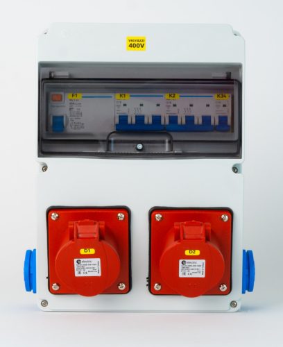Szerelt ipari doboz installációval, 220x300mm, 2x(5P16A) + 2x(2P+F) oldalsó, IP44, kismegszakítóval, FI-relé