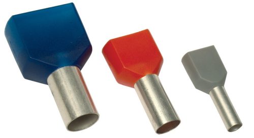 Szigetelt (PA6.6) iker-érvéghüvely 2×16mm2, l=14mm, ónoz. elektr.réz, kék