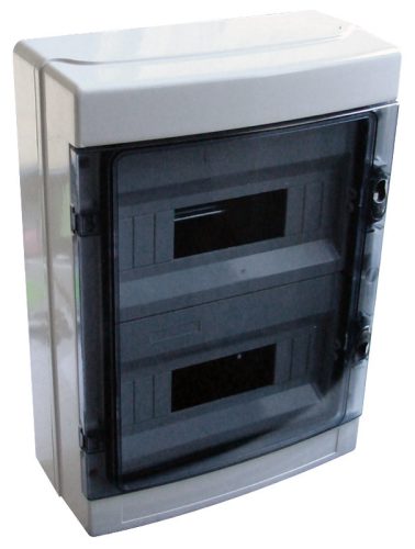 Falon kívüli elosztódoboz, átlátszó ajtóval, N/PE sínnel 2x12 Modul