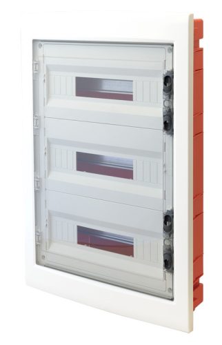 Süllyesztett elosztódoboz,3x12 modulos, füstszínű-sík ajtóval, NPE nélkül