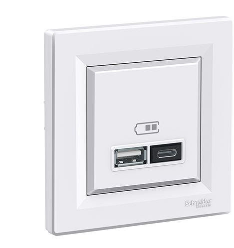 Schneider Asfora dupla USB A+C töltő (2.4 A) komplett, fehér