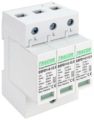 T1+T2 AC típusú túlfeszültséglevezető, cserélhető betéttel 3P 12,5kA 275V