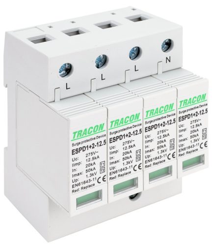 T1+T2 AC típusú túlfeszültséglevezető, cserélhető betéttel 4P 12,5kA 275V