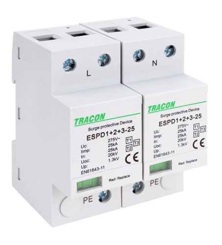 T1+T2+T3 AC típusú túlfeszültség levezető, egybeépített 2P 25kA 275V