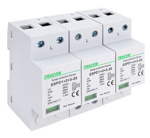 T1+T2+T3 AC típusú túlfeszültség levezető, egybeépített 3P 25kA 275V