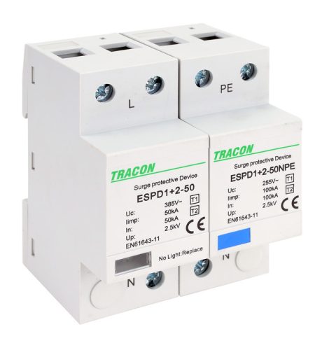 T1+T2 AC típusú túlfeszültség levezető, egybeépített 1+1P 50kA 385V