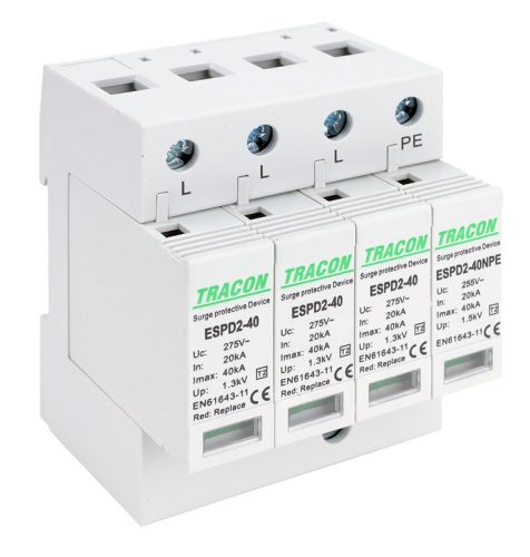 T2 AC típusú túlfeszültség levezető, cserélhető betéttel 3+1P 40kA 275V