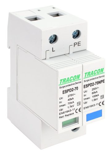 T2 AC típusú túlfeszültség levezető, cserélhető betéttel 1+1P 70kA 275V