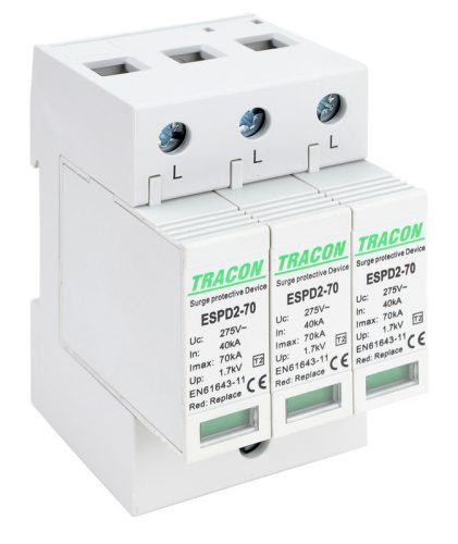 T2 AC típusú túlfeszültség levezető, cserélhető betéttel 3P 70kA 275V