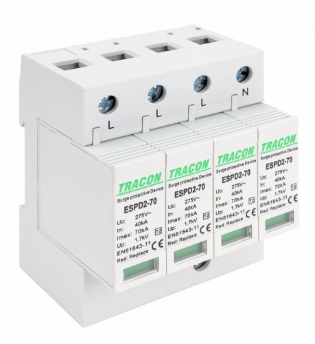 T2 AC típusú túlfeszültség levezető, cserélhető betéttel 4P 70kA 275V