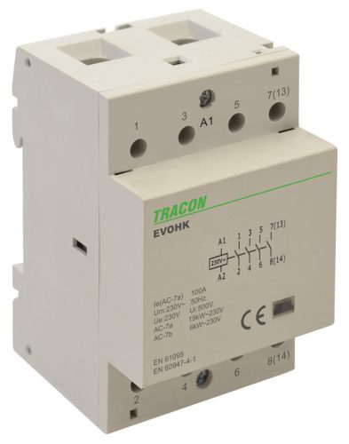 Installációs kontaktor 230V, 50Hz, 3 Mod, 4×NO, AC1/AC7a, 40A,