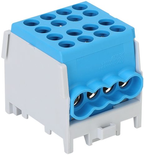 Főáramköri leágazó kapocs négyes, sínre szerelhető, kék 2.5-25mm2