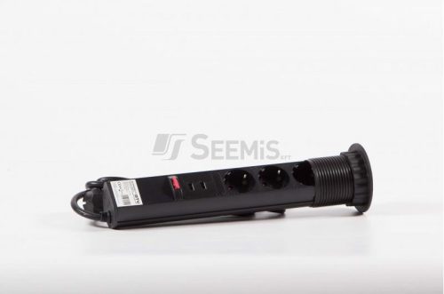 Elosztó 3x230V, 2xUSB, IP20, fekete, műanyag, asztalba süllyesztett, 60mm keskeny, SCHUKO