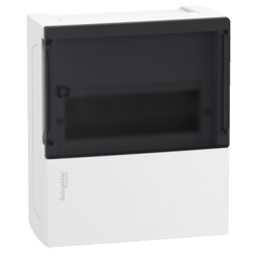 Schneider RESI9 MP Kiselosztó, füstszínű átlátszó ajtó, falon kívüli, 1x8 modul, PEN sín, komplett, fehér