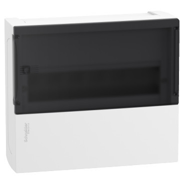 Schneider RESI9 MP Kiselosztó, füstszínű átlátszó ajtó, falon kívüli, 1x12 modul, PEN sín, komplett, fehér