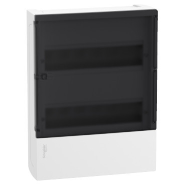 Schneider RESI9 MP Kiselosztó, füstszínű átlátszó ajtó, falon kívüli, 2x12 modul, PEN sín, komplett, fehér