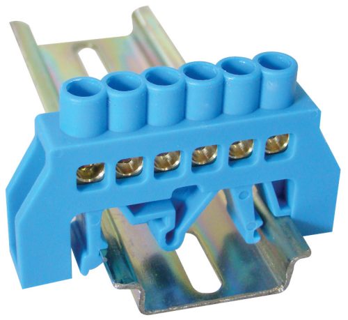 Szigetelt földelősín (N/PE), kék 230/400VAC, 63A, 6×9mm, 6P, IP20