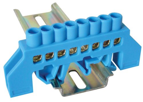 Szigetelt földelősín (N/PE), kék 230/400VAC, 63A, 6×9mm, 8P, IP20