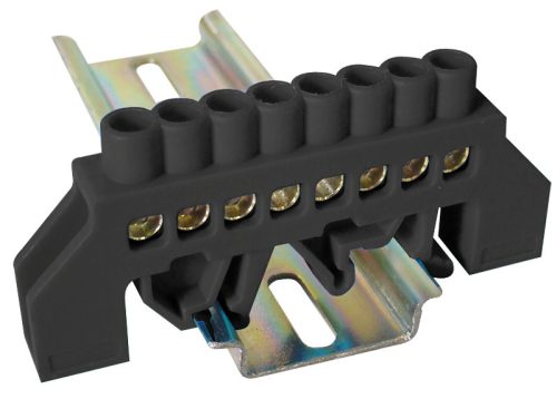 Szigetelt földelősín (N/PE), fekete 230/400VAC, 63A, 6×9mm, 8P, IP20