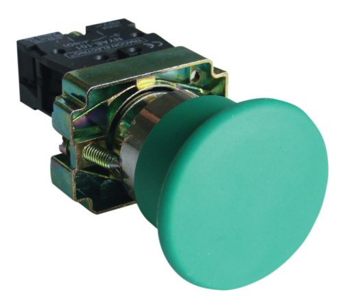 Gombafejű nyomógomb, fémalapra szerelt, zöld 1×NO, 3A/400V AC, IP42, d=40mm