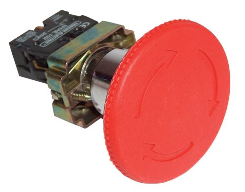 Tok.reteszelt gombafejű vészgomb, piros, sárga fed., elford. 1×NC+1×NO, 3A/400V AC, IP44, d=40mm