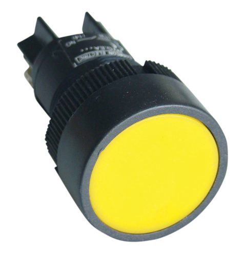 Nyomógomb, műanyag testű, sárga 1×NO, 0,4A/400V AC, IP42, d=22mm