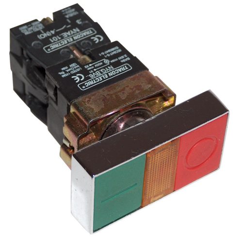 Kettős BE-KI nyomógomb, fémalap, zöld+piros jelzőfény 1×NC+1×NO, 3A/400V AC, IP42