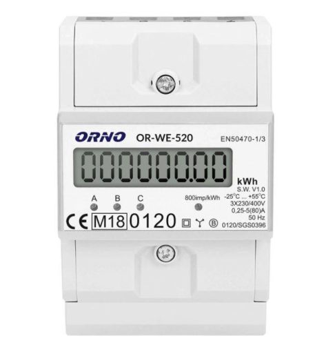 Digitális fogyasztásmérő 3 fázisú 80A, 230V/400V, IP51, LED, 800IMP/kWh 4 modul MID hiteles