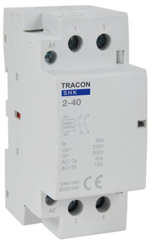 Installációs kontaktor 230V AC, 50Hz, 2 Mod, 2×NO, AC1/AC7a, 40A