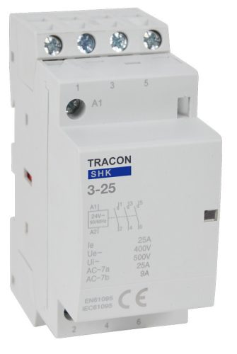 Installációs kontaktor 230V AC, 50Hz, 2 Mod, 3×NO, AC1/AC7a, 25A
