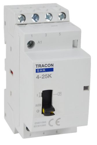 Installációs kontaktor 230V AC, 50Hz, 2 Mod, 4×NO, AC1/AC7a, 25A