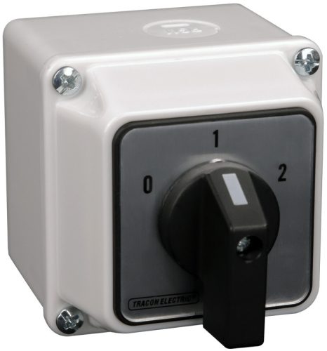 Tokozott választókapcsoló, 0-1-2 400V, 50Hz, 32A, 2×4P, 11kW, 64×64mm, 60°, IP44