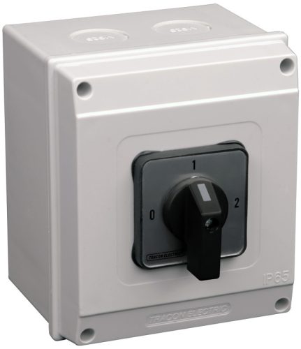 Tokozott választókapcsoló, 0-1-2 400V, 50Hz, 63A, 2×3P, 18,5kW, 64×64mm, 90°, IP65