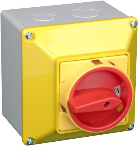 Tokozott főkapcsoló, lakatolható, sárga fedéllel, BE-KI 400V, 50Hz, 25A, 4P, 7,5kW, 48×48mm, IP44