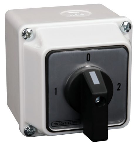 Tokozott választókapcsoló, 1-0-2 400V, 50Hz, 20A, 2×3P, 5,5kW, 48×48mm, 90°, IP65